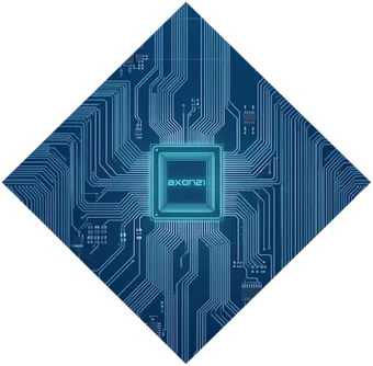 A circuit board cut to a diamond, with a chip marked axon21 at its centre.